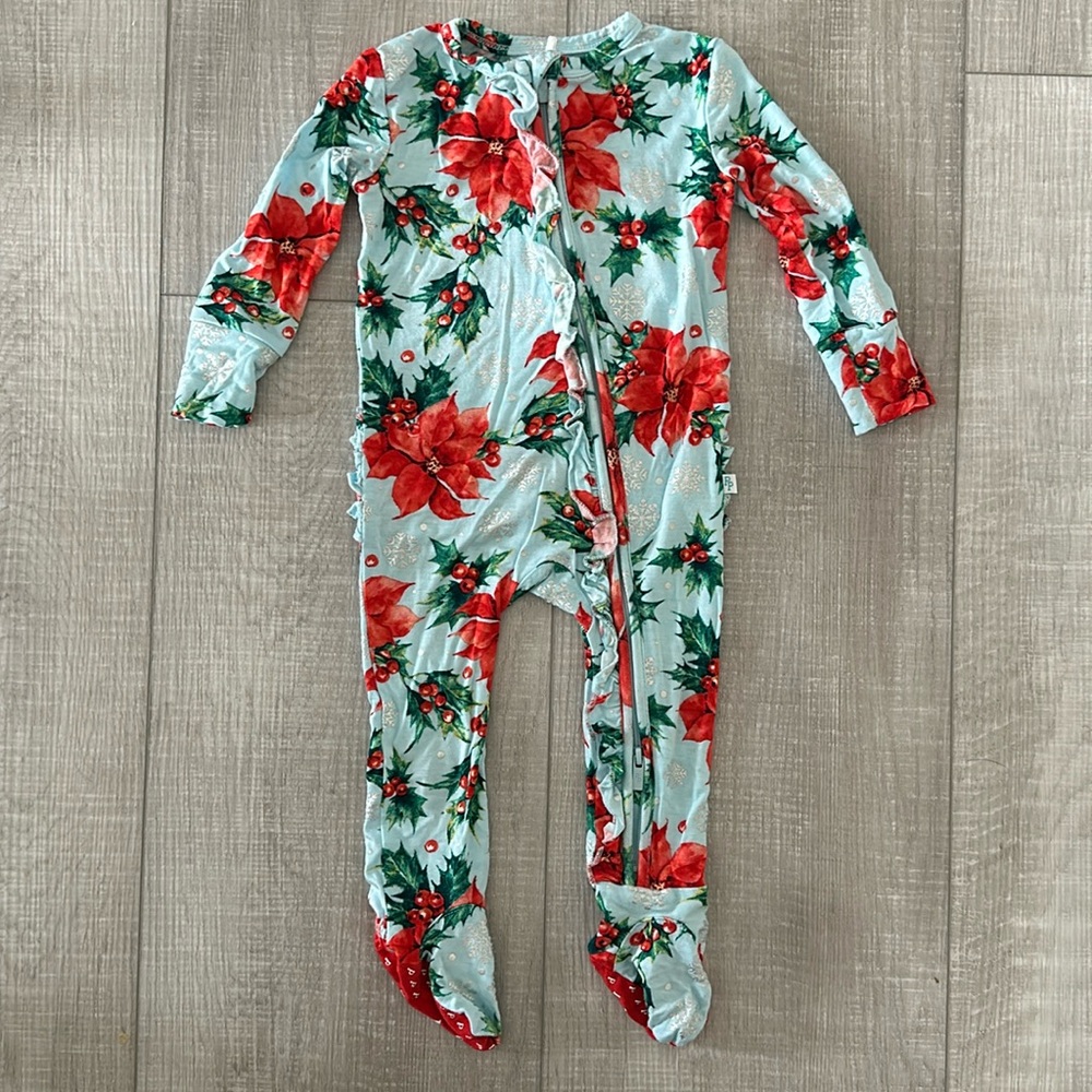 POSH PEANUT - Bamboo RUFFLED Zippered Footie - Winter Lily